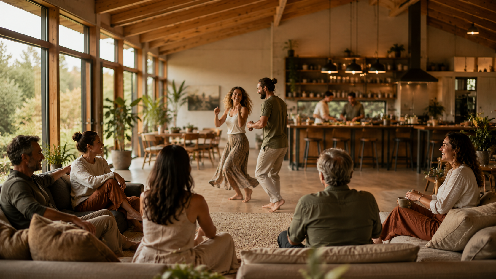 A group of friends gathered in a warm wood-ceilinged living space. Two people dance in the centre, others relax on cream sofas, and people cook together at the open kitchen behind. Large windows open onto greenery.