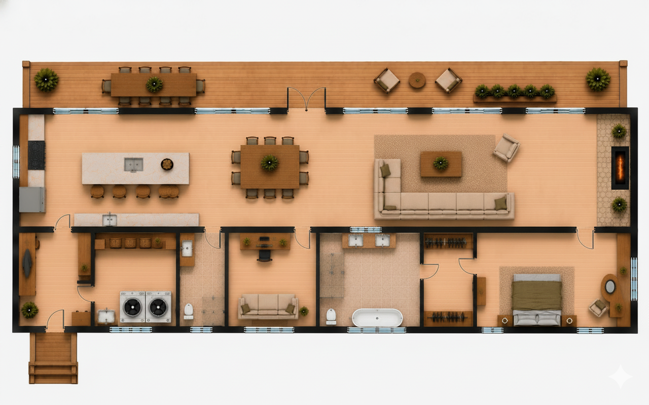 Top-down floor plan of an Audela home: long volume facing the view, bedrooms along the back wall, central kitchen, and a porch the length of the lake side.
