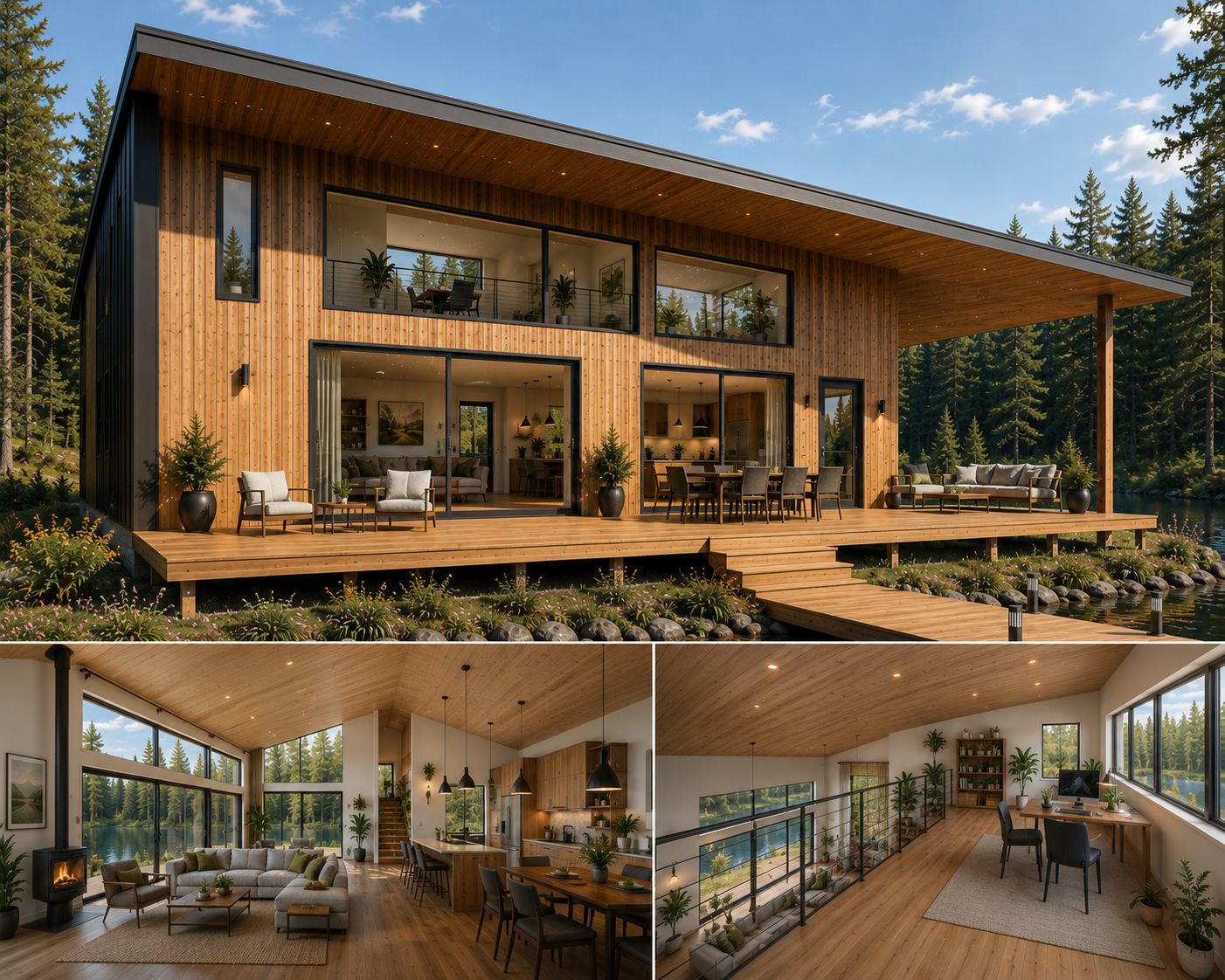 A modern Audela home: cedar and dark-clad walls, single-slope roof, covered porch, lakeside setting. Two interior detail shots below showing the open living room with a wood stove and the upstairs balcony workspace.